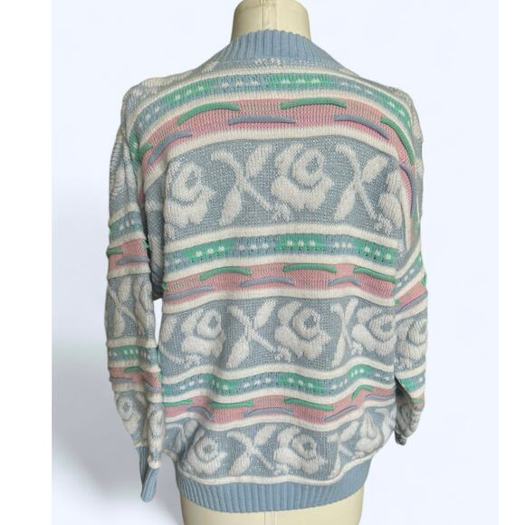 Vintage 80s Rose Pastel Sparkle Coogi Style Chunky Knit Sweater Fairy Kei M/L - Picture 7 of 10